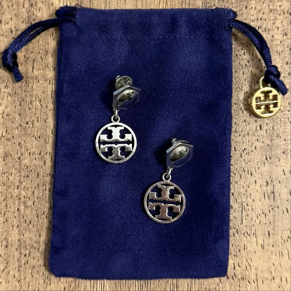 Tory Burch Hexagonal Logo Circle Drop Earrings Silver Tone Jewelry 1.5